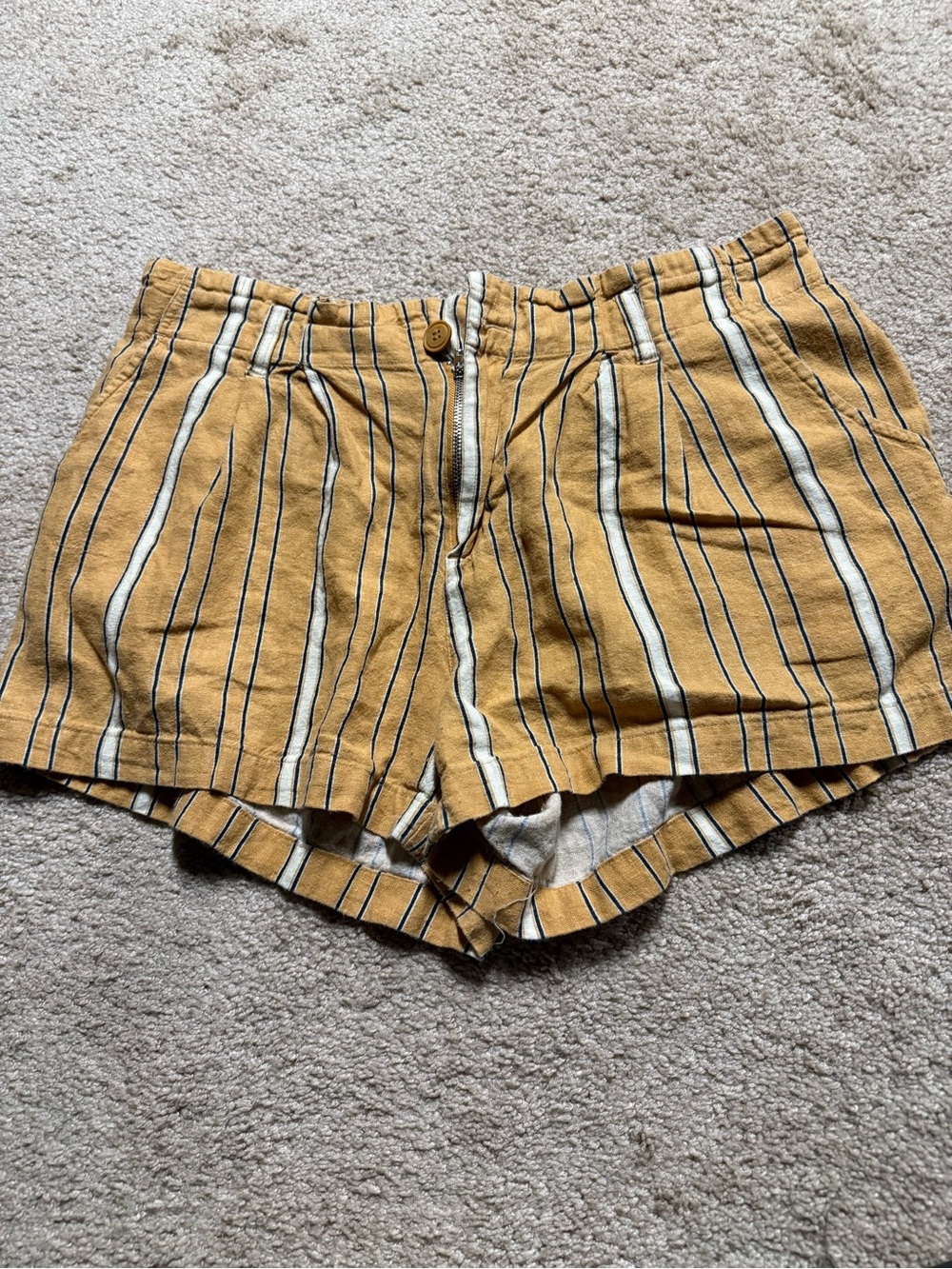 Yellow & White Striped Linen-Blend Shorts with Navy Trim